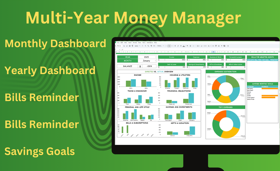 Ultimate Multi-Year Budget Planner & Bills Tracker | Google Sheets Annual Financial Tracker with Expense Management & Automated Reminders